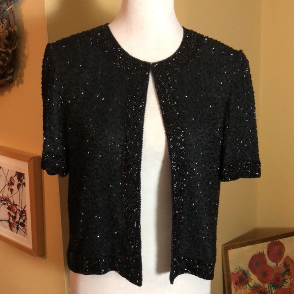 Vintage Y2K STENAY Size Small Beaded Silk Evening Top Blazer Ink Black Elegant - Picture 10 of 16